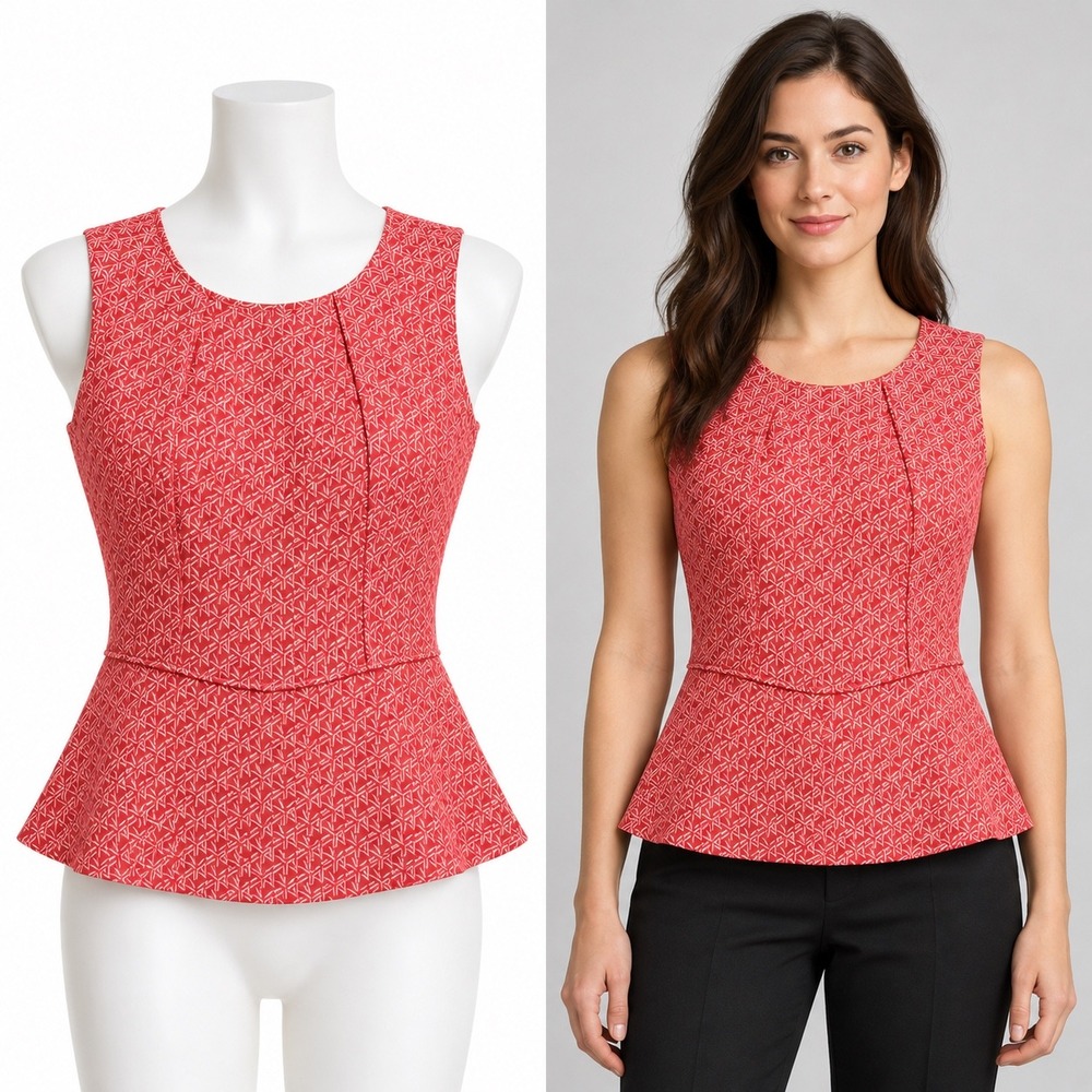 Banana Republic Peplum Top Womens 4 Red Geometric Sleeveless Zip Back Blouse